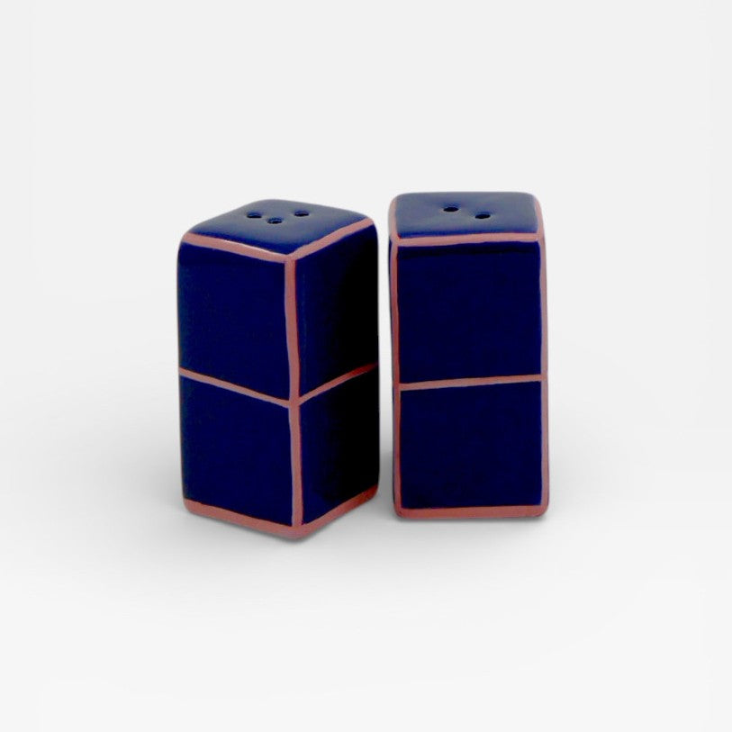 Salière et poivrier rectangulaire, bleu et rose.