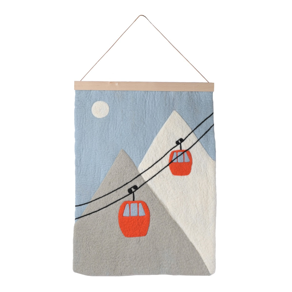 Tableau feutré en laine avec une illustration de téléphérique sur fond montagnard.
