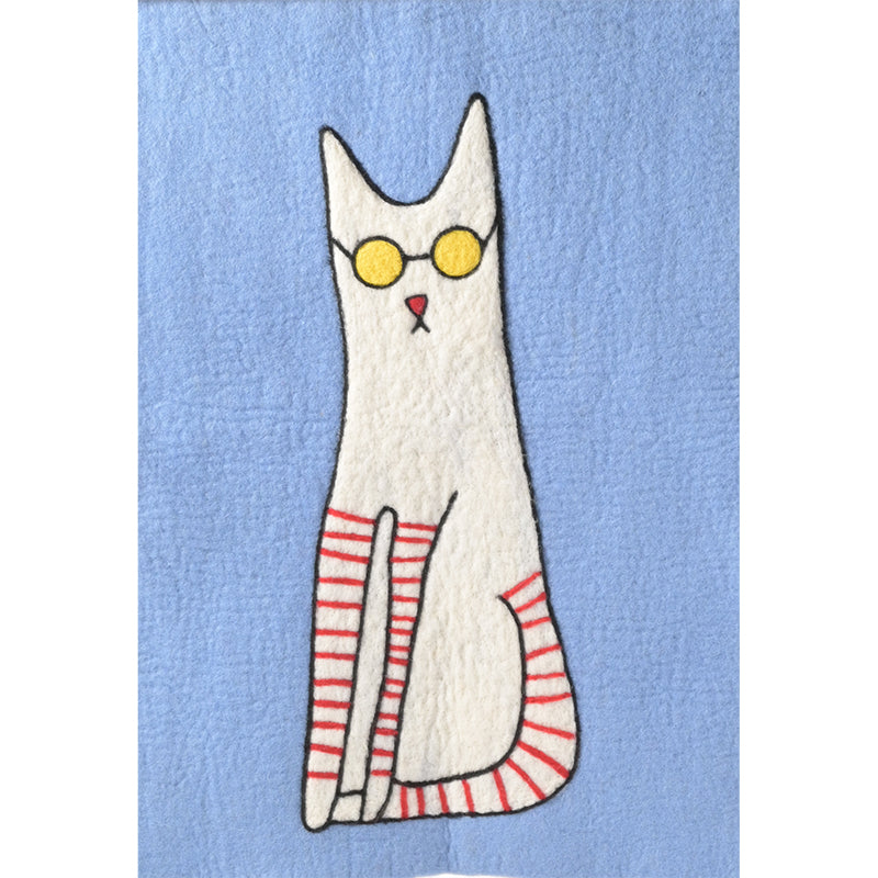 Tableau à suspendre en laine feutrée - Chat à lunettes sur fond bleu