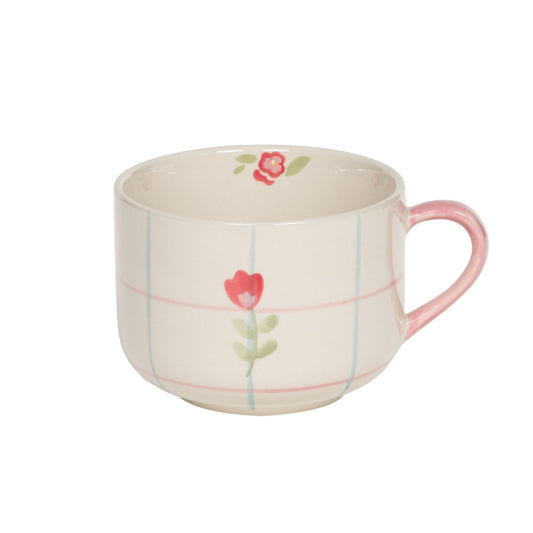 Grande tasse en grès - Motif quadrillé et décor floral