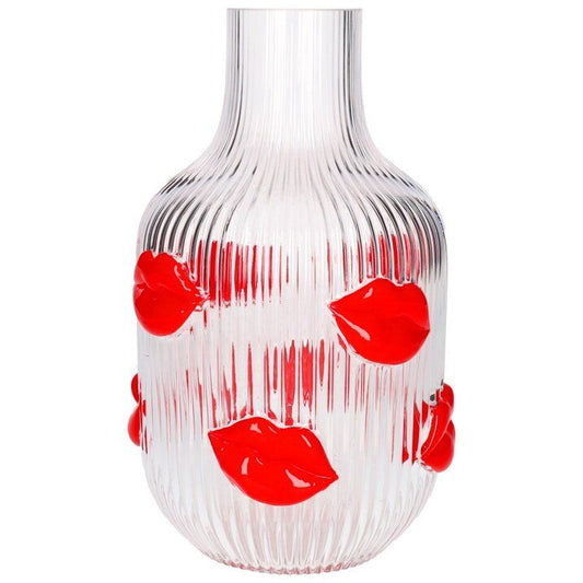 Vase en verre strié transparent avec des bouches en volume rouges. 
