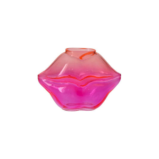 Vase en verre rose en forme de bouche. 