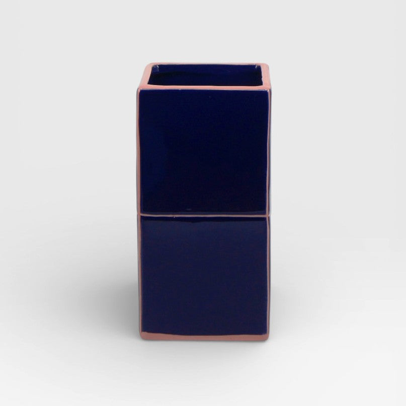 Moyen vase rectangulaire bleu et rose.