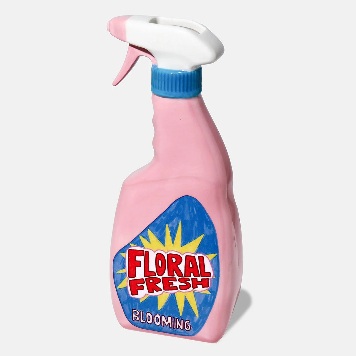 Vase en forme de spray nettoyant rose.