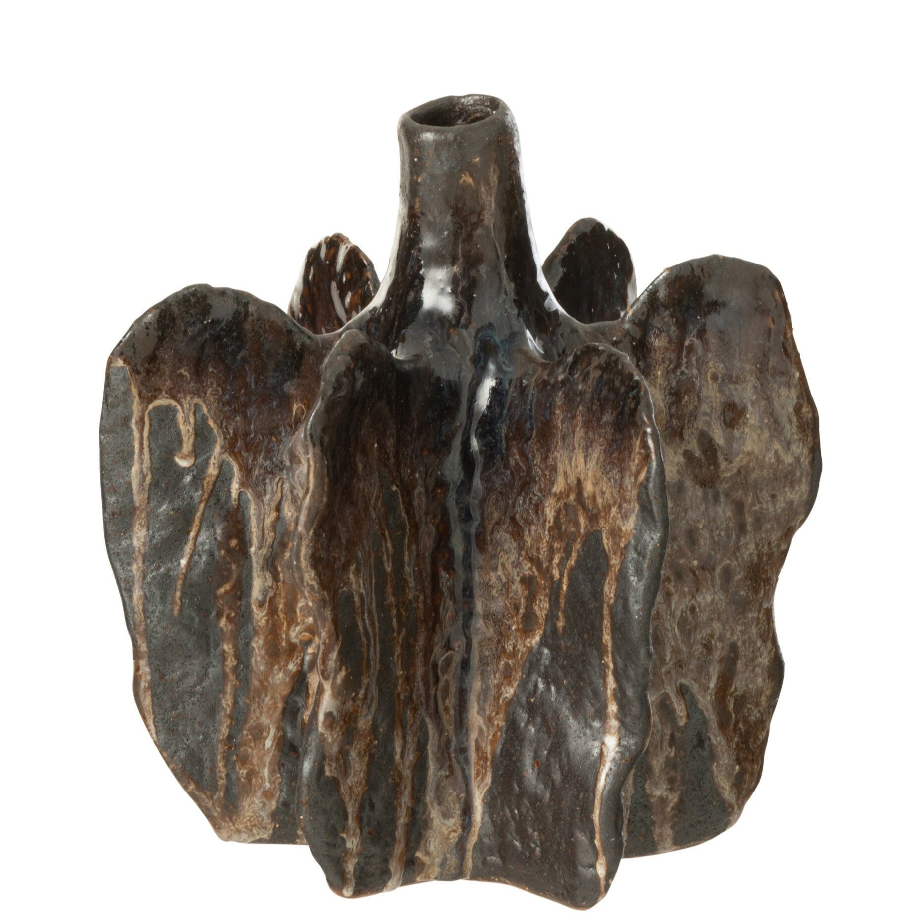 Vase à la forme organique en céramique marron et noir.