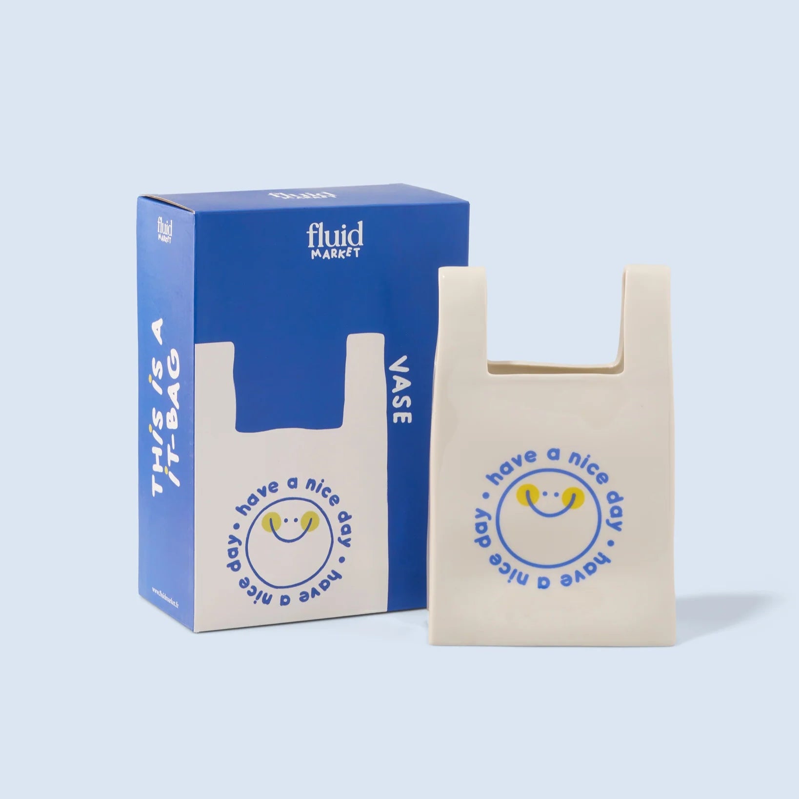 Vase en céramique en forme de sac plastique blanc avec un message en bleu "Have a Nice Day"