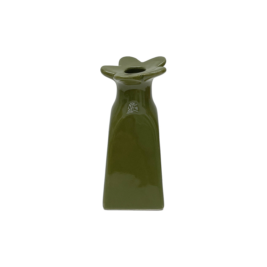 Vase soliflore en forme de fleurs, de couleurs vert kaki.
