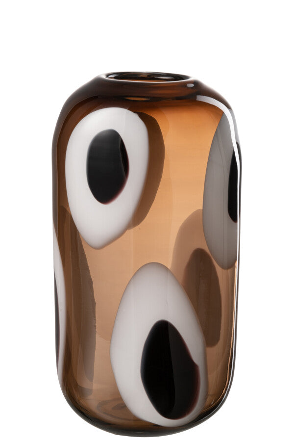 Vase en verre marron, blanc et noir de taille moyenne et de forme ovale. 