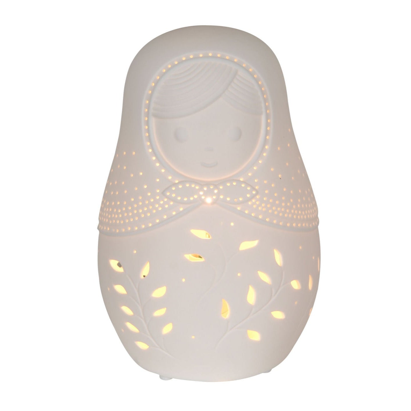 Veilleuse en porcelaine en forme de poupée russe.