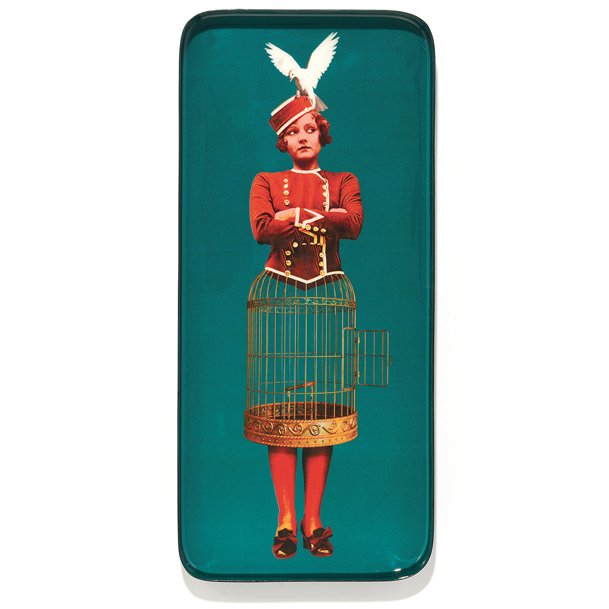 Vide-poche rectangulaire en métal verni, modèle Colombine, fond bleu canard.