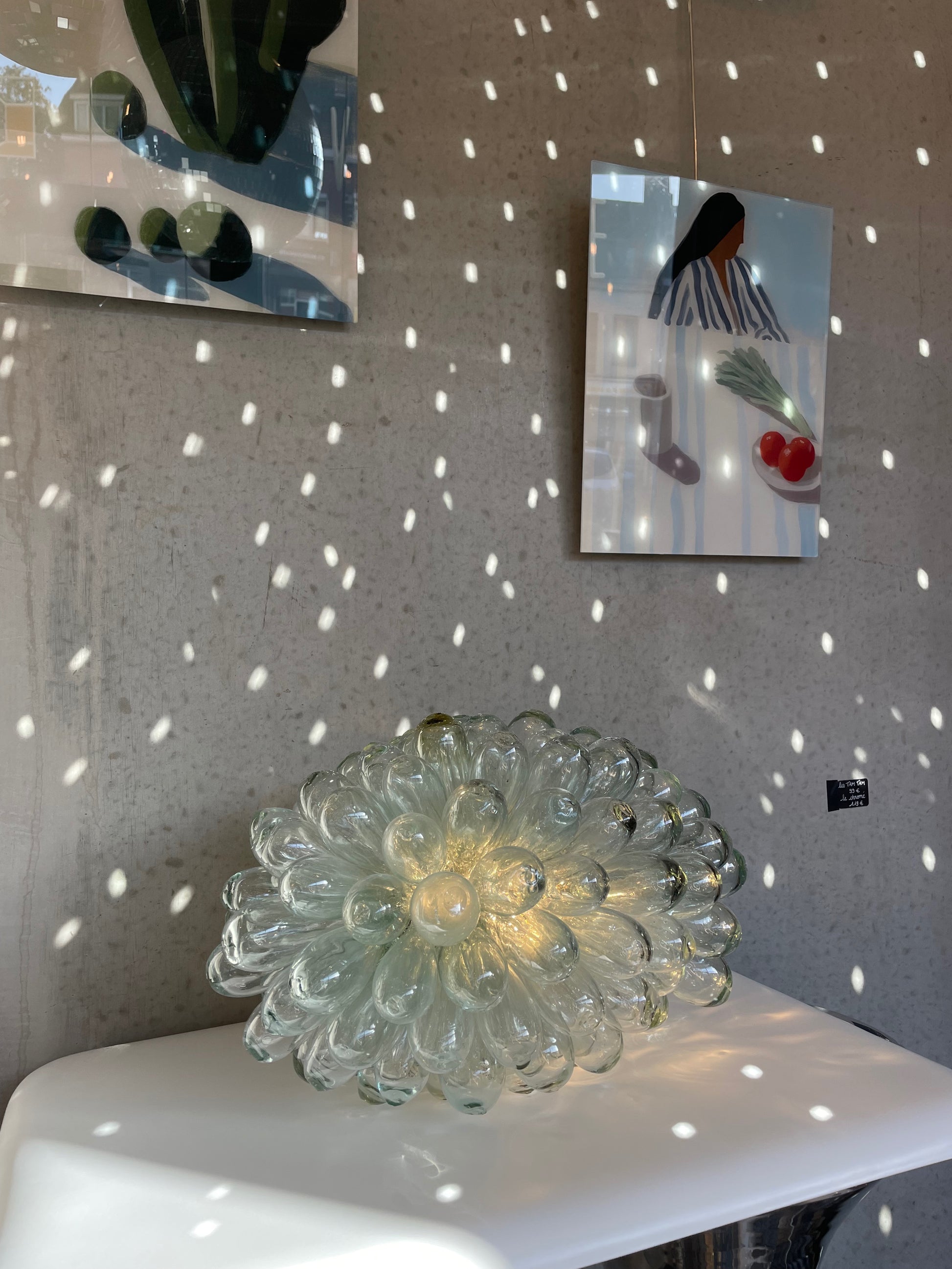 Lampe grappe en goutte de verre soufflé à la bouche transparente