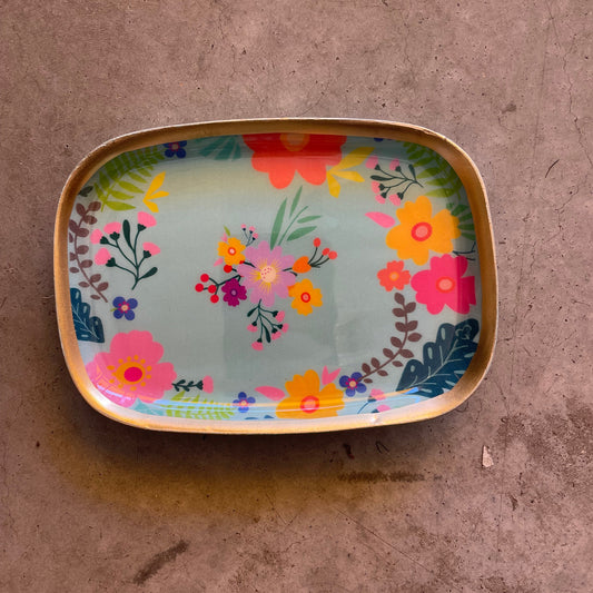 plateau vide poche en métal coloré fleuri bleu - la petite boite jaune