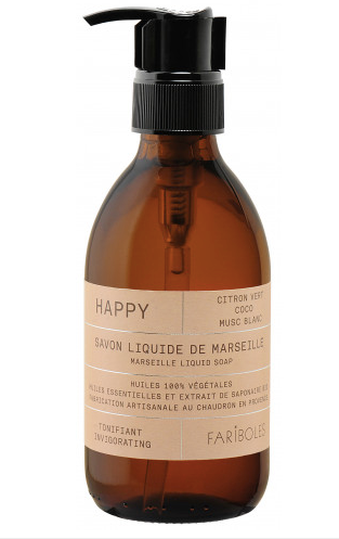 Savon liquide aux huiles essentielles 100% végétales. Huiles essentielles et extrait de saponaire bio. Flacon pompe en verre ambré. 250ml. Ce savon est composé de parfum fabriqué à Grasse, d'huiles essentielles et d'ingrédients tous validés par Ecocert. Made in France fabrication artisanale au chaudron en Provence.