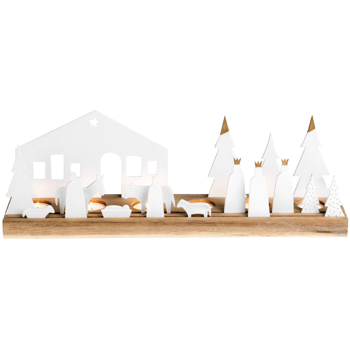 Crèche en porcelaine avec tous ses sujets en porcelaine sur plateau en bois rainuré.