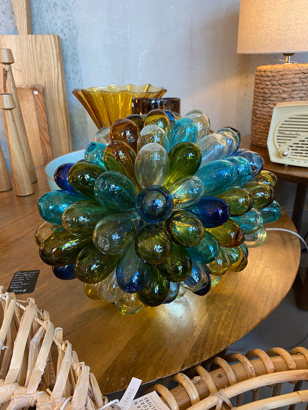 Lampe en Goutte de Verre Recyclé soufflé à la bouche transparent, ambre et bleue turquoise